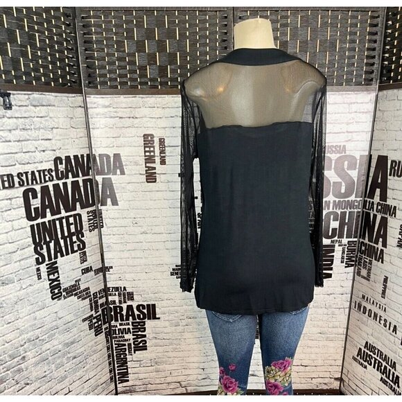 Roaman's 12 Black Sheer Mesh Studded Jewel Neckline Sheer Long Sleeve Blouse - Picture 4 of 6